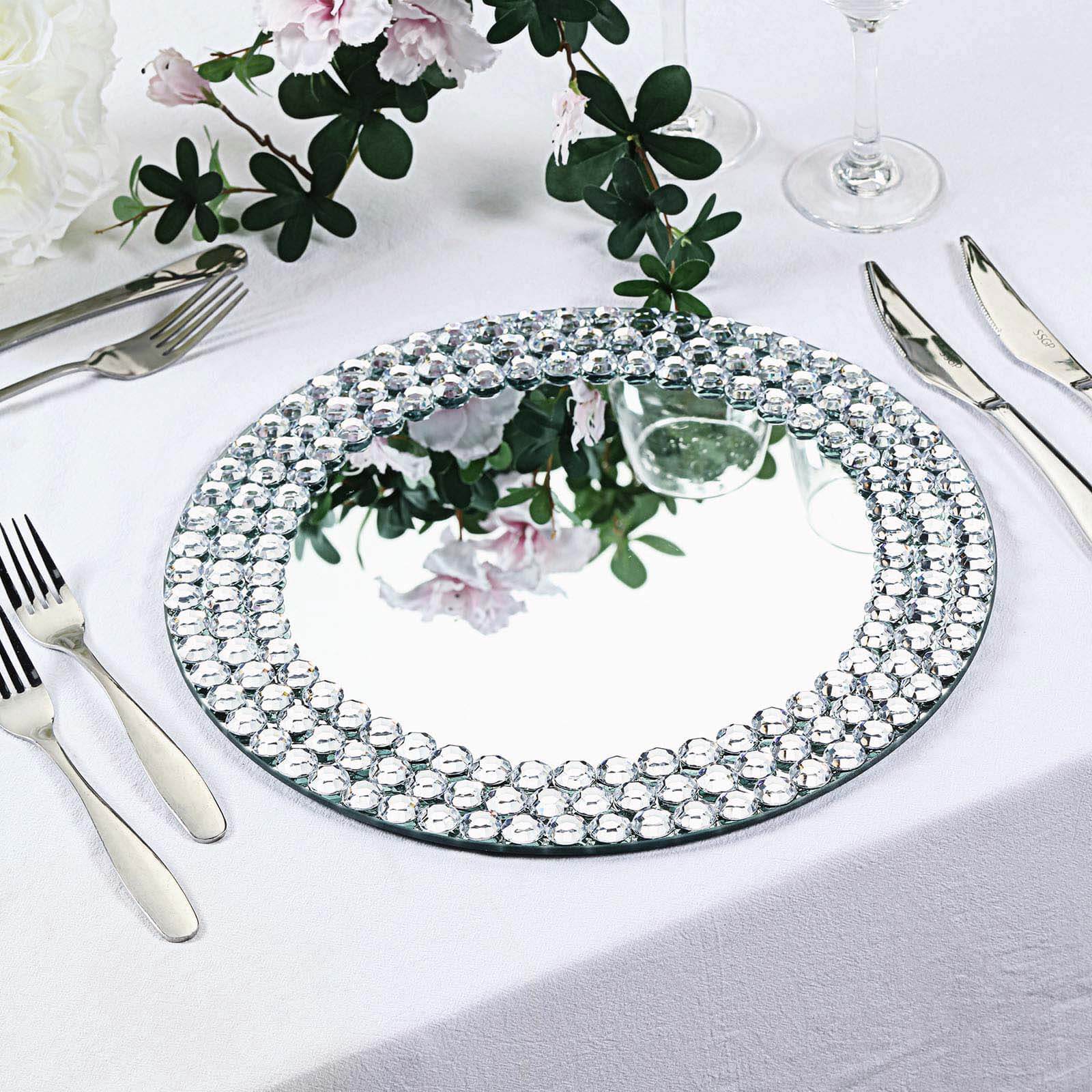 2-Pack Mirror Glass Charger Plates 13", Round Silver Mirror Diamond Beaded Rim - Upscale Decorative Chargers